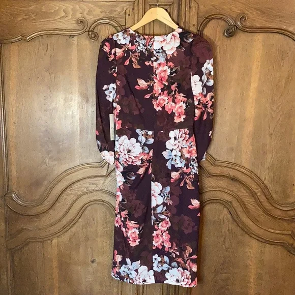 Eliza J Burgundy Purple Pink Floral Dress V Neck Fitted 3/4 Sleeve - Picture 9 of 15